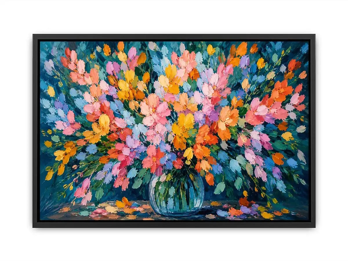 Abstract pastel flower field canvas print with expressive pink teal blue orange yellow and green brushstrokes in a blooming garden style