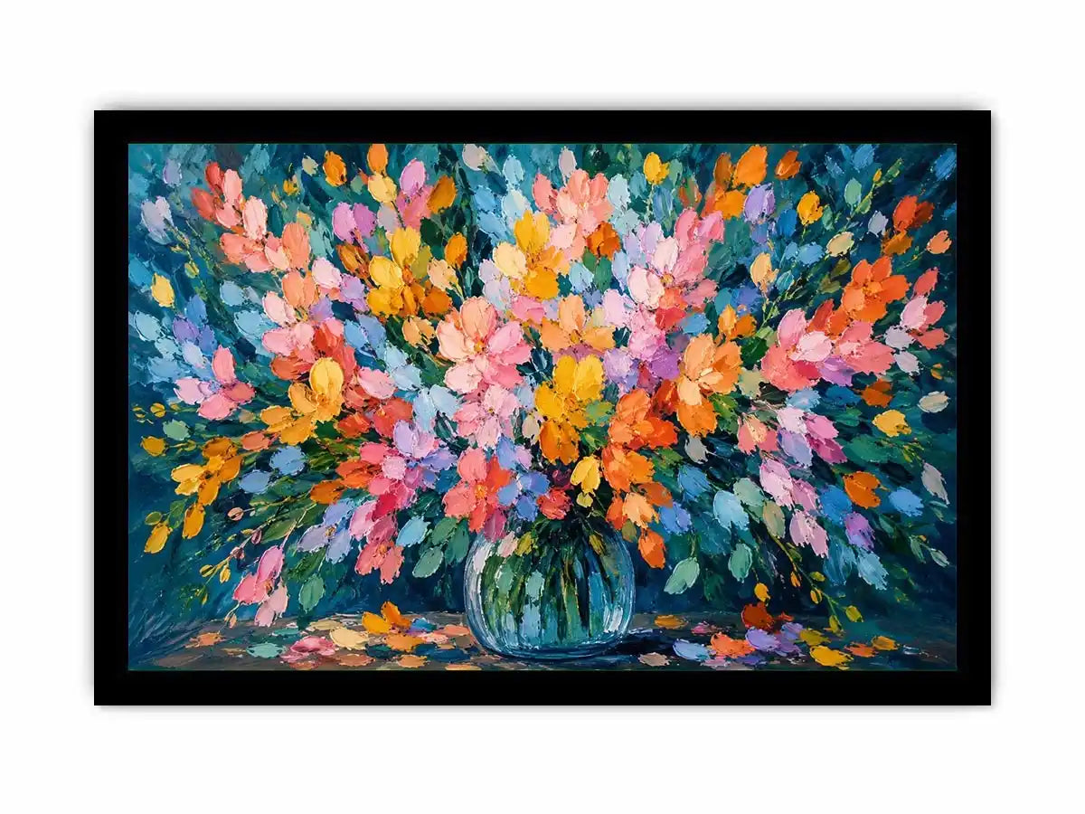 Abstract pastel flower field canvas print with expressive pink teal blue orange yellow and green brushstrokes in a blooming garden style