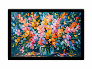 Abstract pastel flower field canvas print with expressive pink teal blue orange yellow and green brushstrokes in a blooming garden style