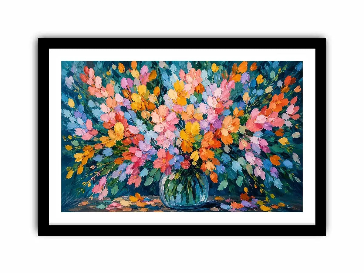 Abstract pastel flower field canvas print with expressive pink teal blue orange yellow and green brushstrokes in a blooming garden style