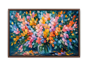 Abstract pastel flower field canvas print with expressive pink teal blue orange yellow and green brushstrokes in a blooming garden style