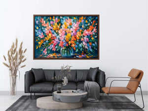 Abstract pastel flower field canvas print with expressive pink teal blue orange yellow and green brushstrokes in a blooming garden style