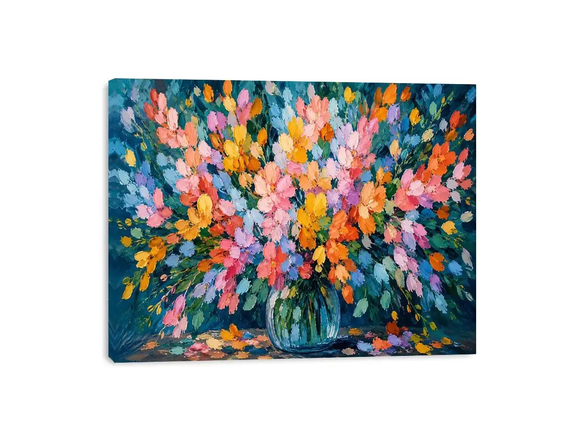 Abstract pastel flower field canvas print with expressive pink teal blue orange yellow and green brushstrokes in a blooming garden style