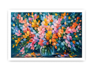 Abstract pastel flower field canvas print with expressive pink teal blue orange yellow and green brushstrokes in a blooming garden style