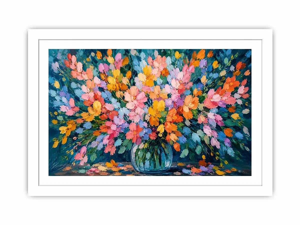 Abstract pastel flower field canvas print with expressive pink teal blue orange yellow and green brushstrokes in a blooming garden style