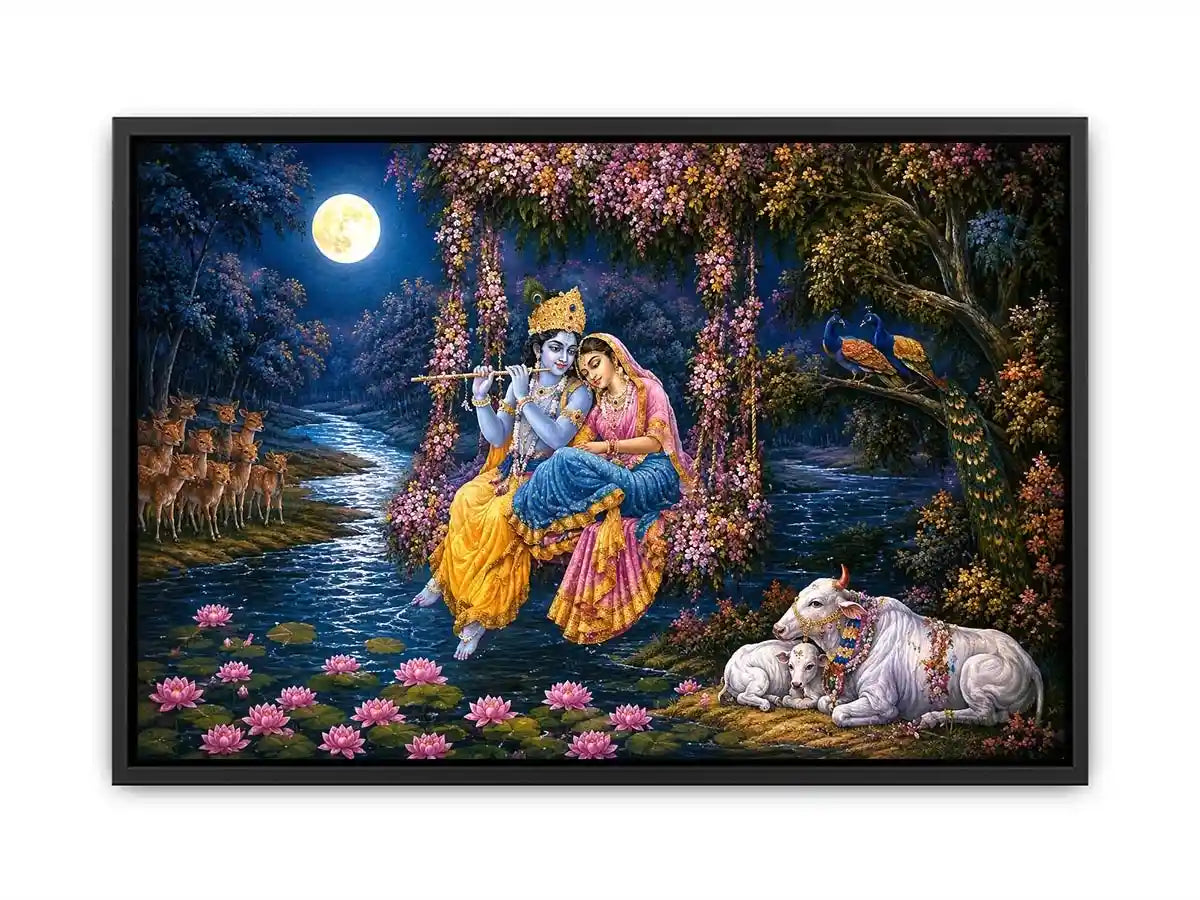 Radha Krishna moonlight Vrindavan canvas print with floral swing river lotus flowers deer peacocks cows and romantic devotional forest scene