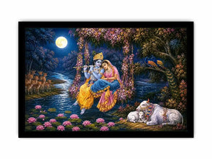 Radha Krishna moonlight Vrindavan canvas print with floral swing river lotus flowers deer peacocks cows and romantic devotional forest scene