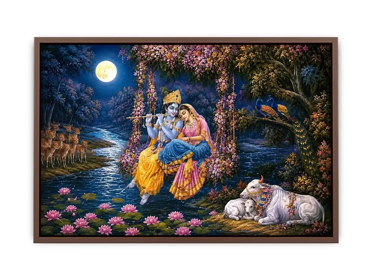 Radha Krishna moonlight Vrindavan canvas print with floral swing river lotus flowers deer peacocks cows and romantic devotional forest scene