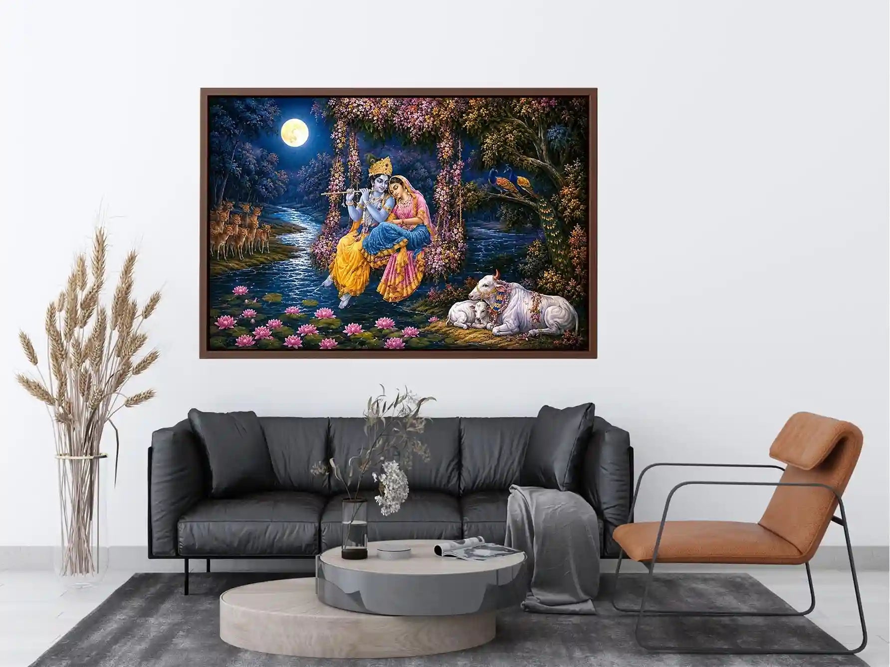 Radha Krishna moonlight Vrindavan canvas print with floral swing river lotus flowers deer peacocks cows and romantic devotional forest scene