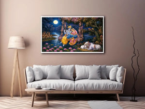 Radha Krishna moonlight Vrindavan canvas print with floral swing river lotus flowers deer peacocks cows and romantic devotional forest scene
