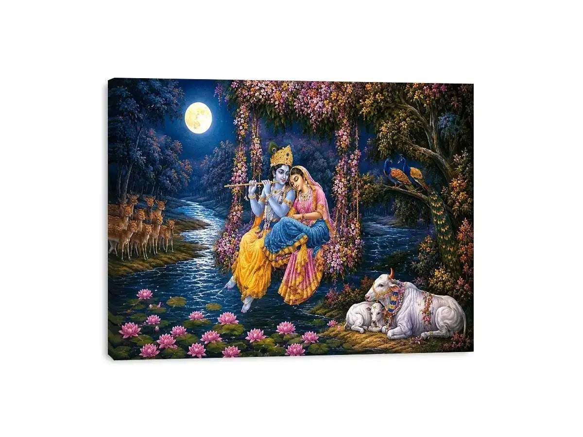 Radha Krishna moonlight Vrindavan canvas print with floral swing river lotus flowers deer peacocks cows and romantic devotional forest scene