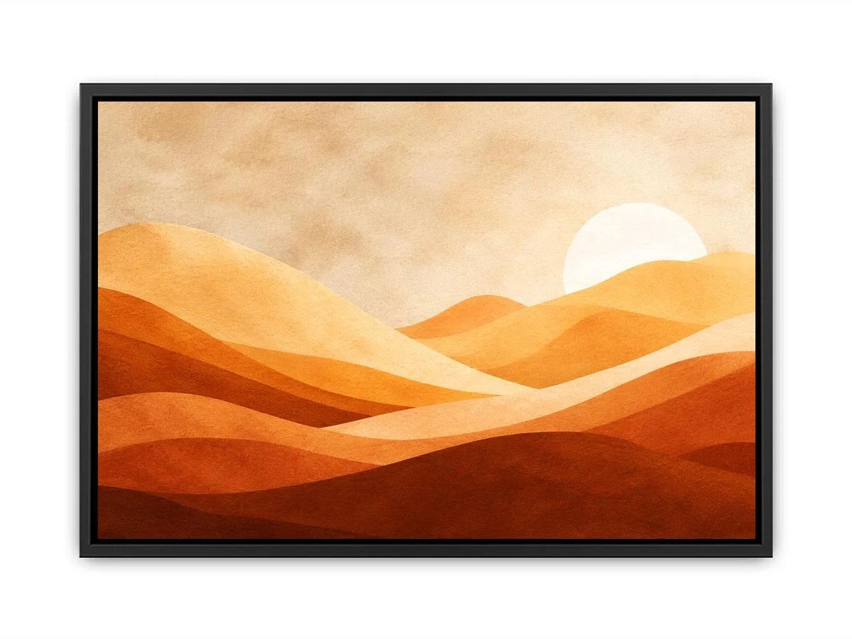 Minimalist desert dunes canvas print with warm terracotta beige rolling sand hills soft sun and textured neutral landscape design