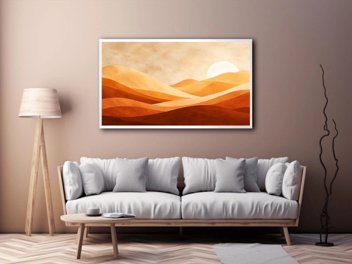 Minimalist desert dunes canvas print with warm terracotta beige rolling sand hills soft sun and textured neutral landscape design
