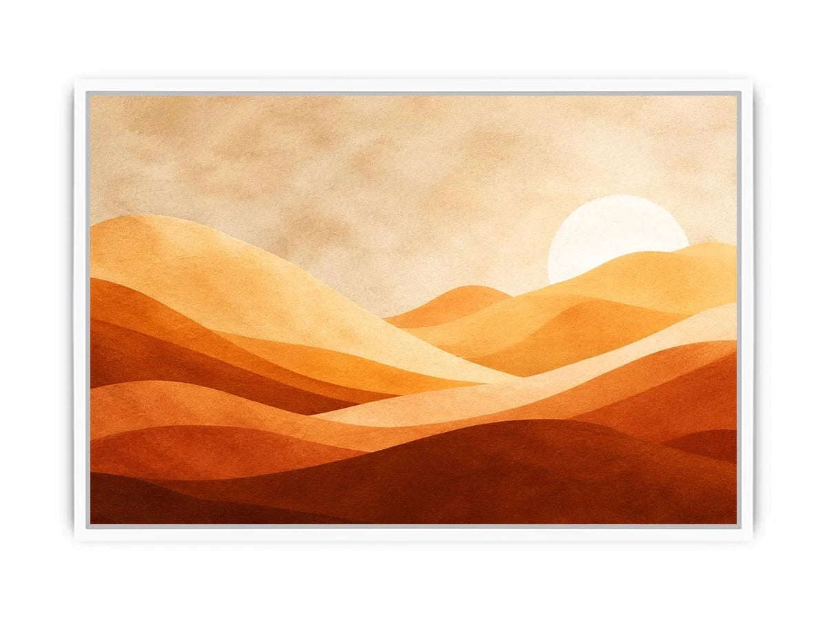 Minimalist desert dunes canvas print with warm terracotta beige rolling sand hills soft sun and textured neutral landscape design