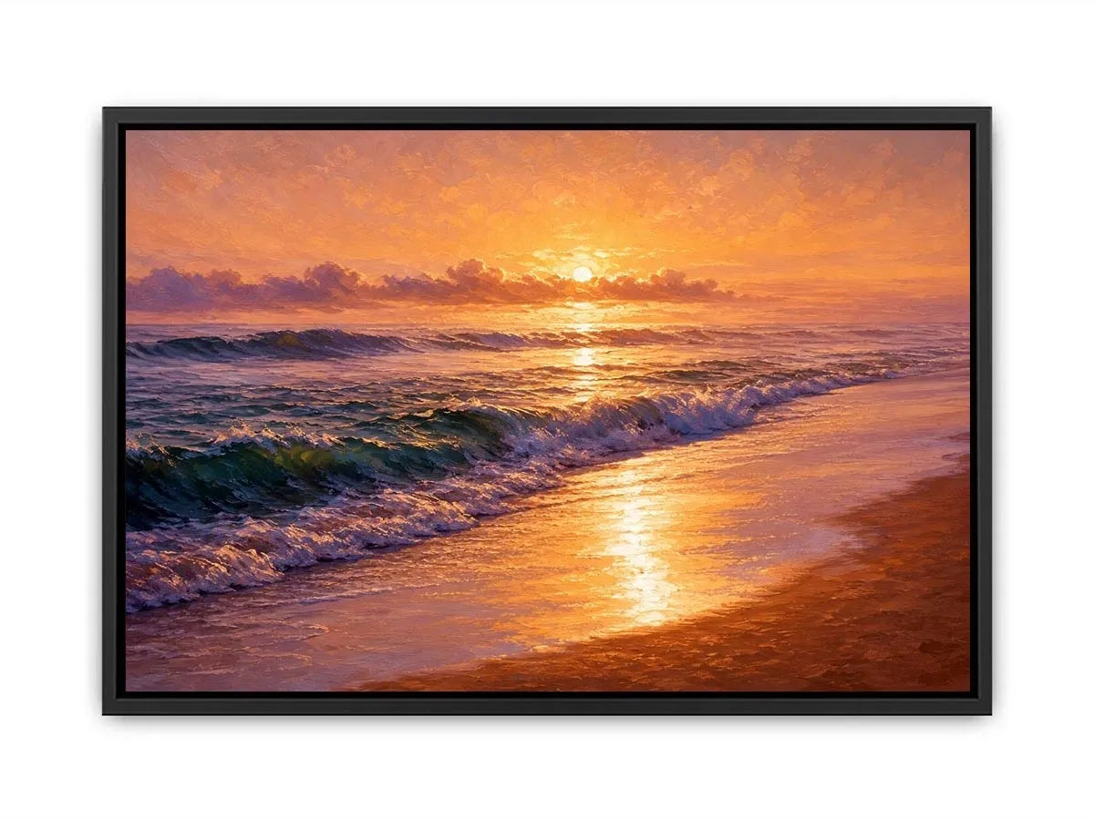 Golden sunset ocean waves canvas print with glowing beach shoreline rolling surf and warm sunlight reflecting on the sea
