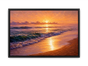 Golden sunset ocean waves canvas print with glowing beach shoreline rolling surf and warm sunlight reflecting on the sea