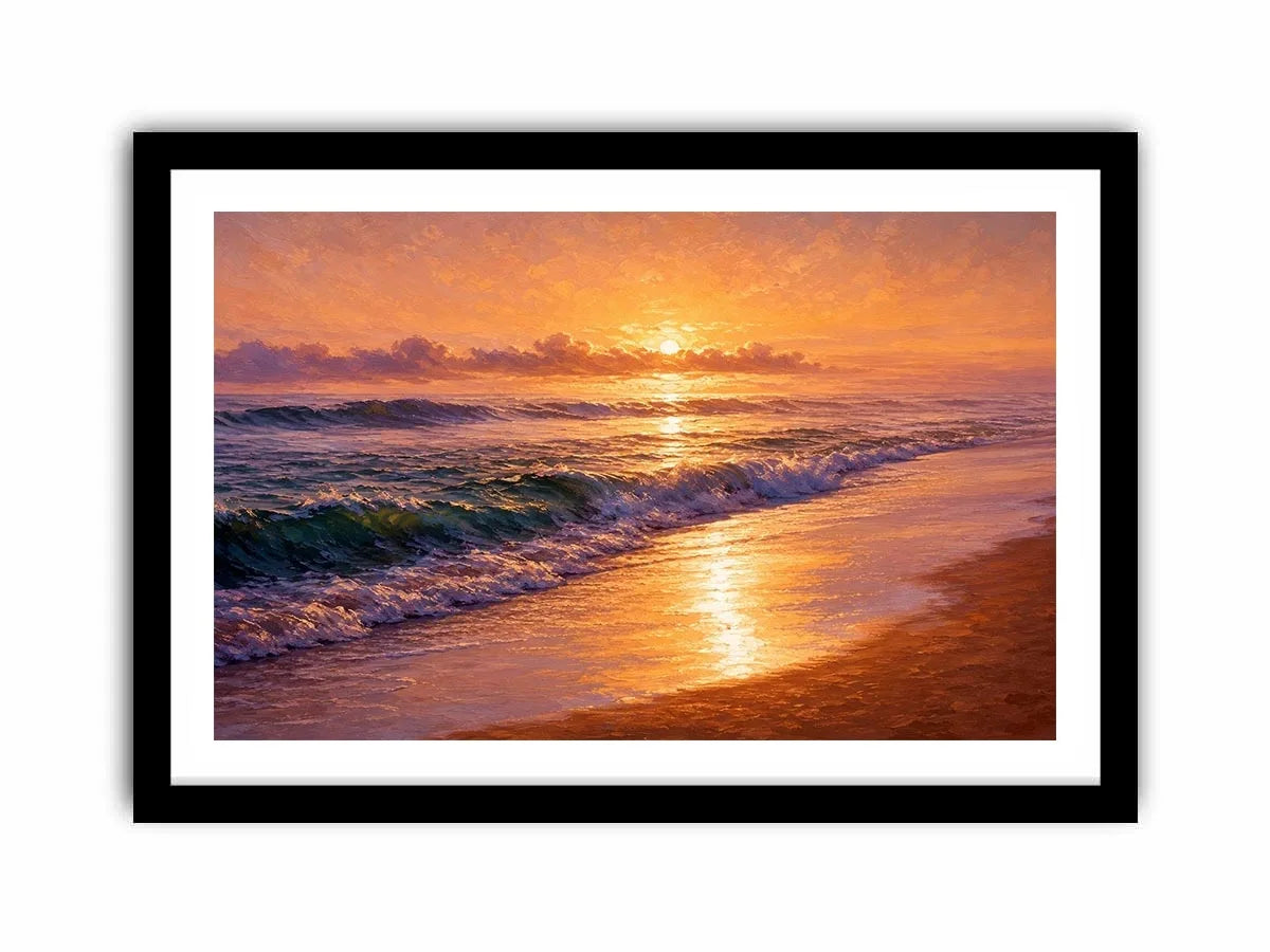 Golden sunset ocean waves canvas print with glowing beach shoreline rolling surf and warm sunlight reflecting on the sea