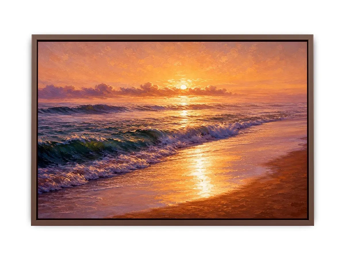 Golden sunset ocean waves canvas print with glowing beach shoreline rolling surf and warm sunlight reflecting on the sea