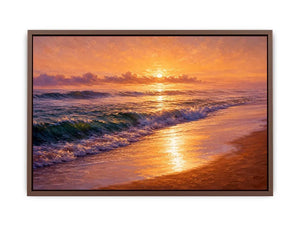 Golden sunset ocean waves canvas print with glowing beach shoreline rolling surf and warm sunlight reflecting on the sea
