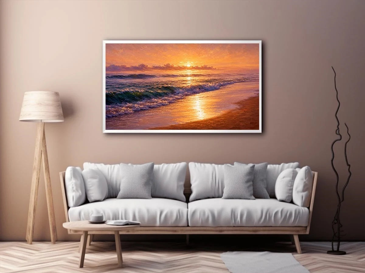 Golden sunset ocean waves canvas print with glowing beach shoreline rolling surf and warm sunlight reflecting on the sea