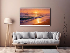Golden sunset ocean waves canvas print with glowing beach shoreline rolling surf and warm sunlight reflecting on the sea