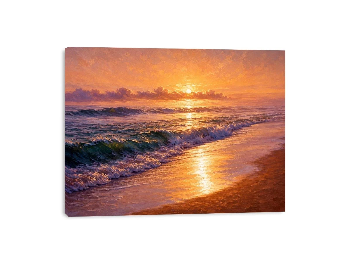 Golden sunset ocean waves canvas print with glowing beach shoreline rolling surf and warm sunlight reflecting on the sea