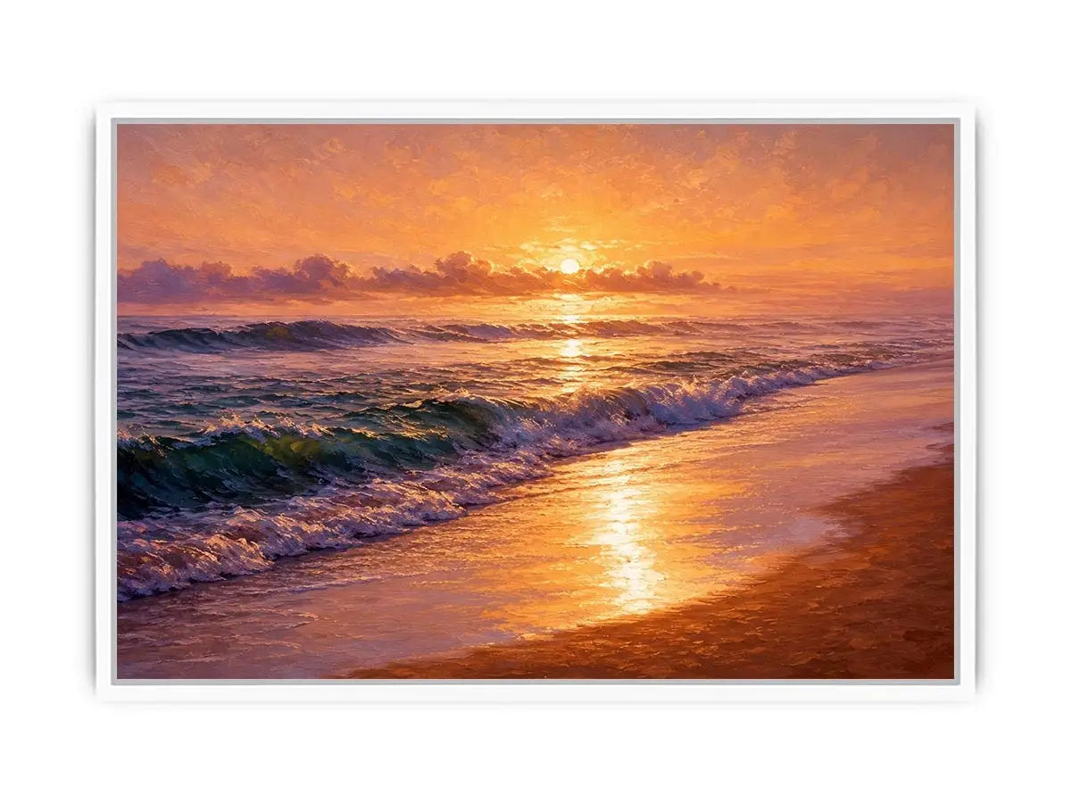 Golden sunset ocean waves canvas print with glowing beach shoreline rolling surf and warm sunlight reflecting on the sea
