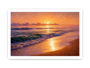 Golden sunset ocean waves canvas print with glowing beach shoreline rolling surf and warm sunlight reflecting on the sea
