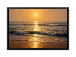 Soft golden sunrise ocean canvas print with gentle waves hazy horizon warm sunlight and textured seascape brushstrokes