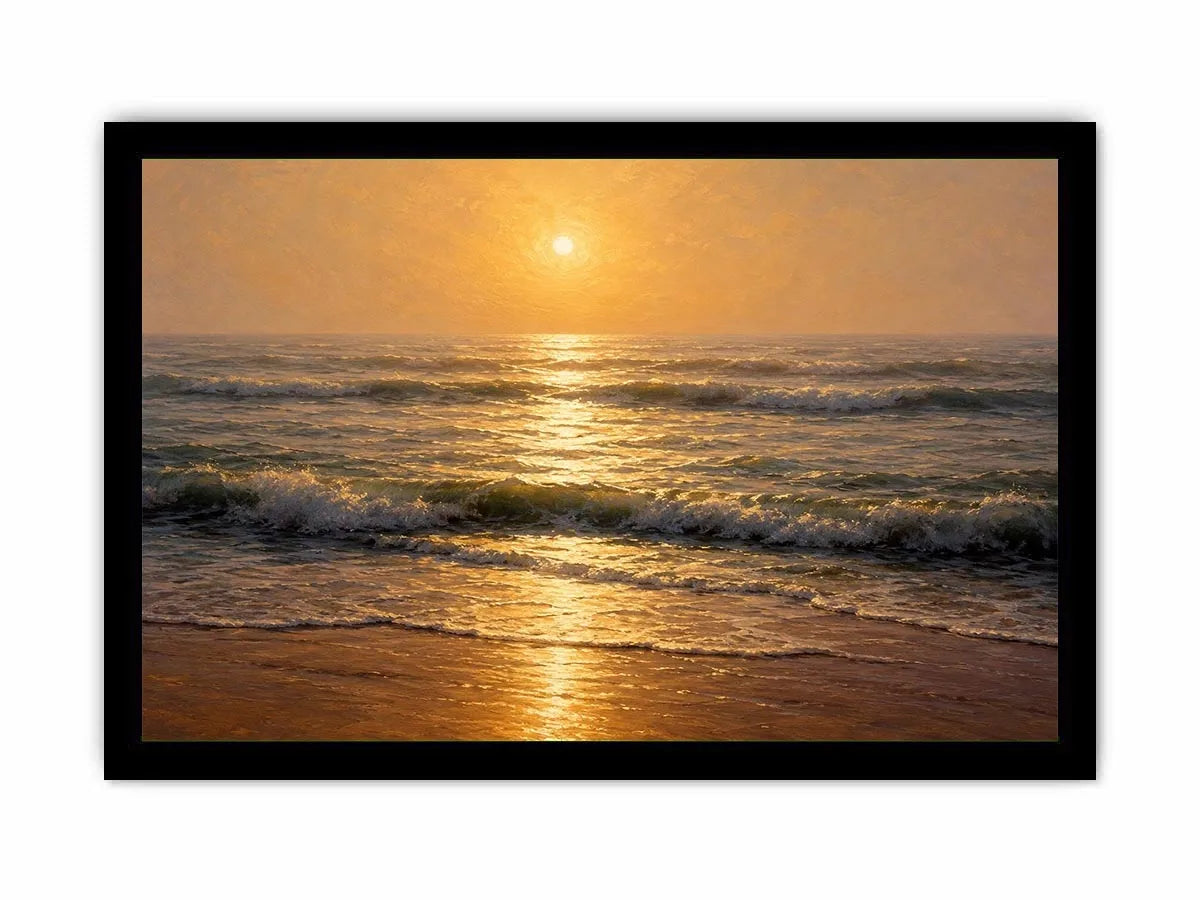 Soft golden sunrise ocean canvas print with gentle waves hazy horizon warm sunlight and textured seascape brushstrokes