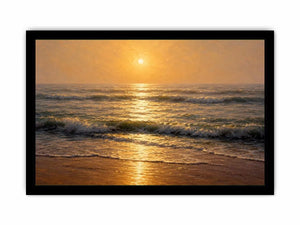 Soft golden sunrise ocean canvas print with gentle waves hazy horizon warm sunlight and textured seascape brushstrokes