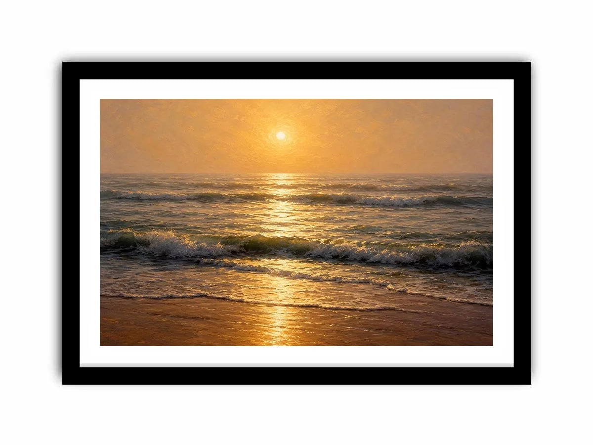 Soft golden sunrise ocean canvas print with gentle waves hazy horizon warm sunlight and textured seascape brushstrokes