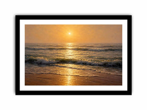 Soft golden sunrise ocean canvas print with gentle waves hazy horizon warm sunlight and textured seascape brushstrokes