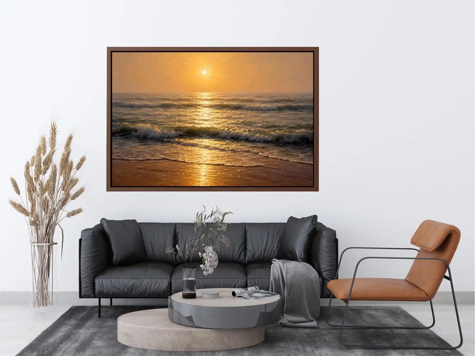 Soft golden sunrise ocean canvas print with gentle waves hazy horizon warm sunlight and textured seascape brushstrokes