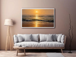 Soft golden sunrise ocean canvas print with gentle waves hazy horizon warm sunlight and textured seascape brushstrokes