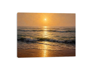 Soft golden sunrise ocean canvas print with gentle waves hazy horizon warm sunlight and textured seascape brushstrokes