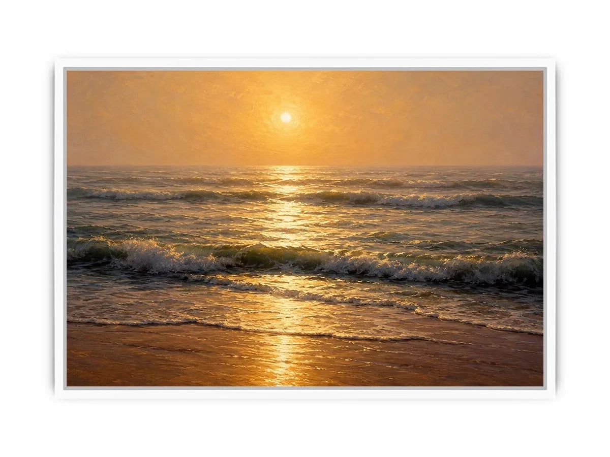 Soft golden sunrise ocean canvas print with gentle waves hazy horizon warm sunlight and textured seascape brushstrokes