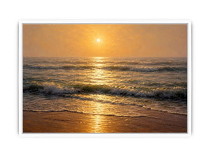 Soft golden sunrise ocean canvas print with gentle waves hazy horizon warm sunlight and textured seascape brushstrokes