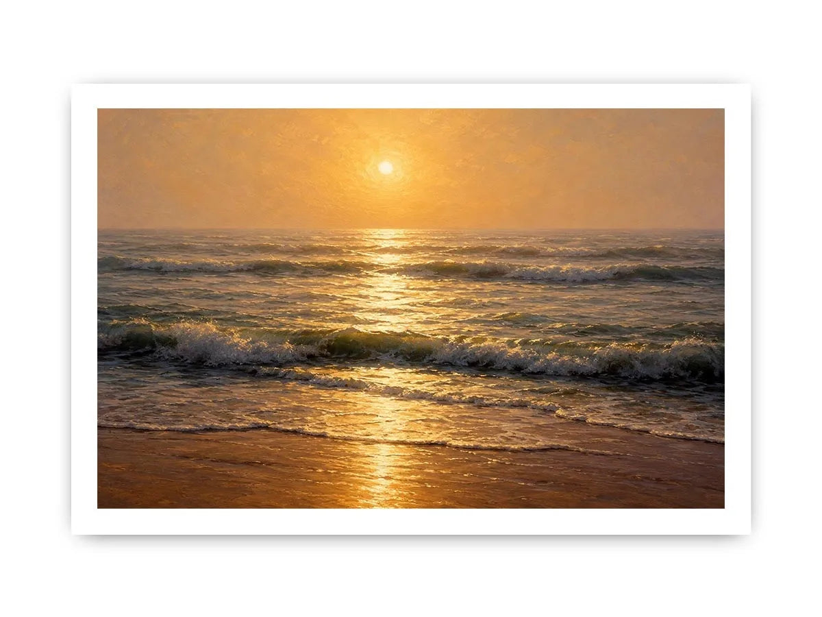 Soft golden sunrise ocean canvas print with gentle waves hazy horizon warm sunlight and textured seascape brushstrokes