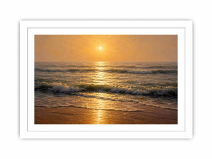 Soft golden sunrise ocean canvas print with gentle waves hazy horizon warm sunlight and textured seascape brushstrokes