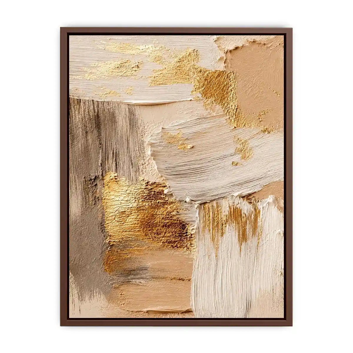 Neutral gold textured abstract canvas print with beige cream gray white brushstrokes and metallic gold accents in modern contemporary style