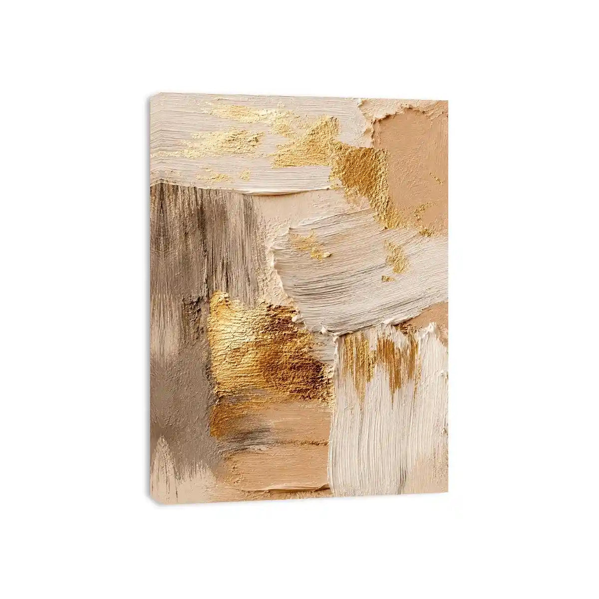Neutral gold textured abstract canvas print with beige cream gray white brushstrokes and metallic gold accents in modern contemporary style