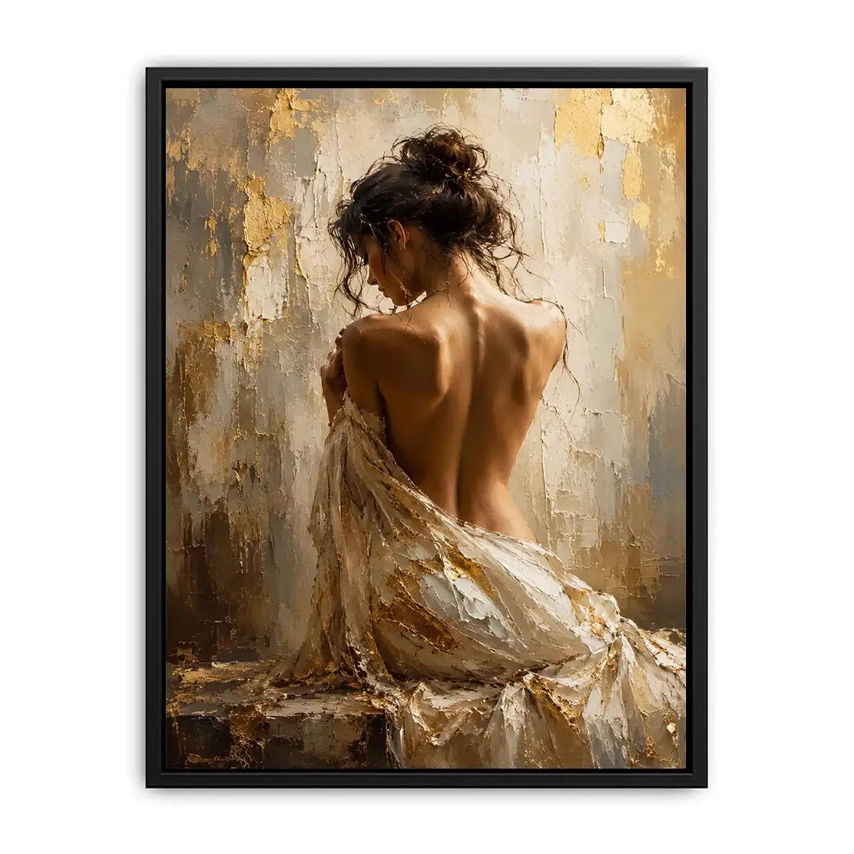 Elegant figurative woman canvas art in gold tones for luxury bedroom decor.