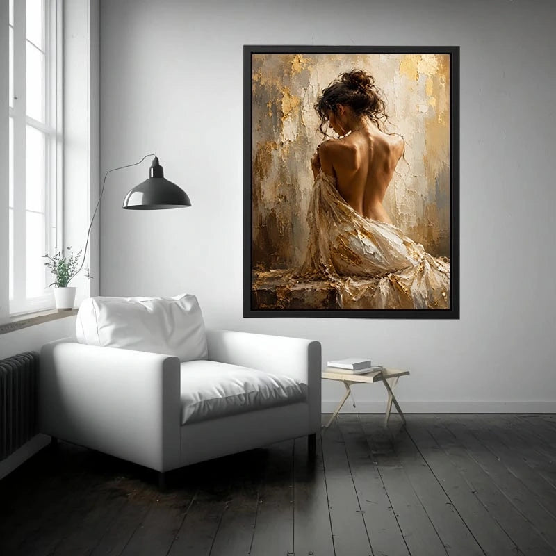 Elegant figurative woman canvas art in gold tones for luxury bedroom decor.