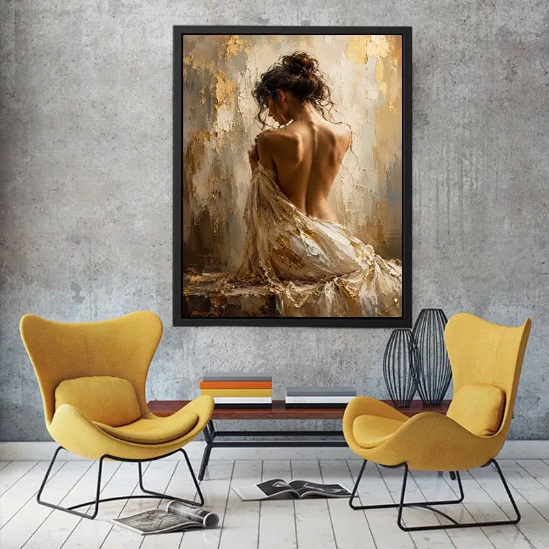 Elegant figurative woman canvas art in gold tones for luxury bedroom decor.