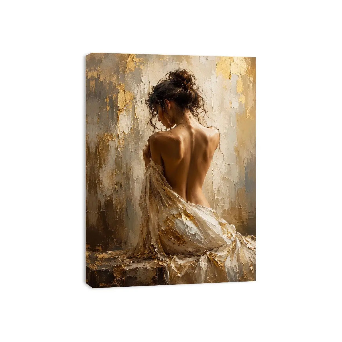 Elegant figurative woman canvas art in gold tones for luxury bedroom decor.