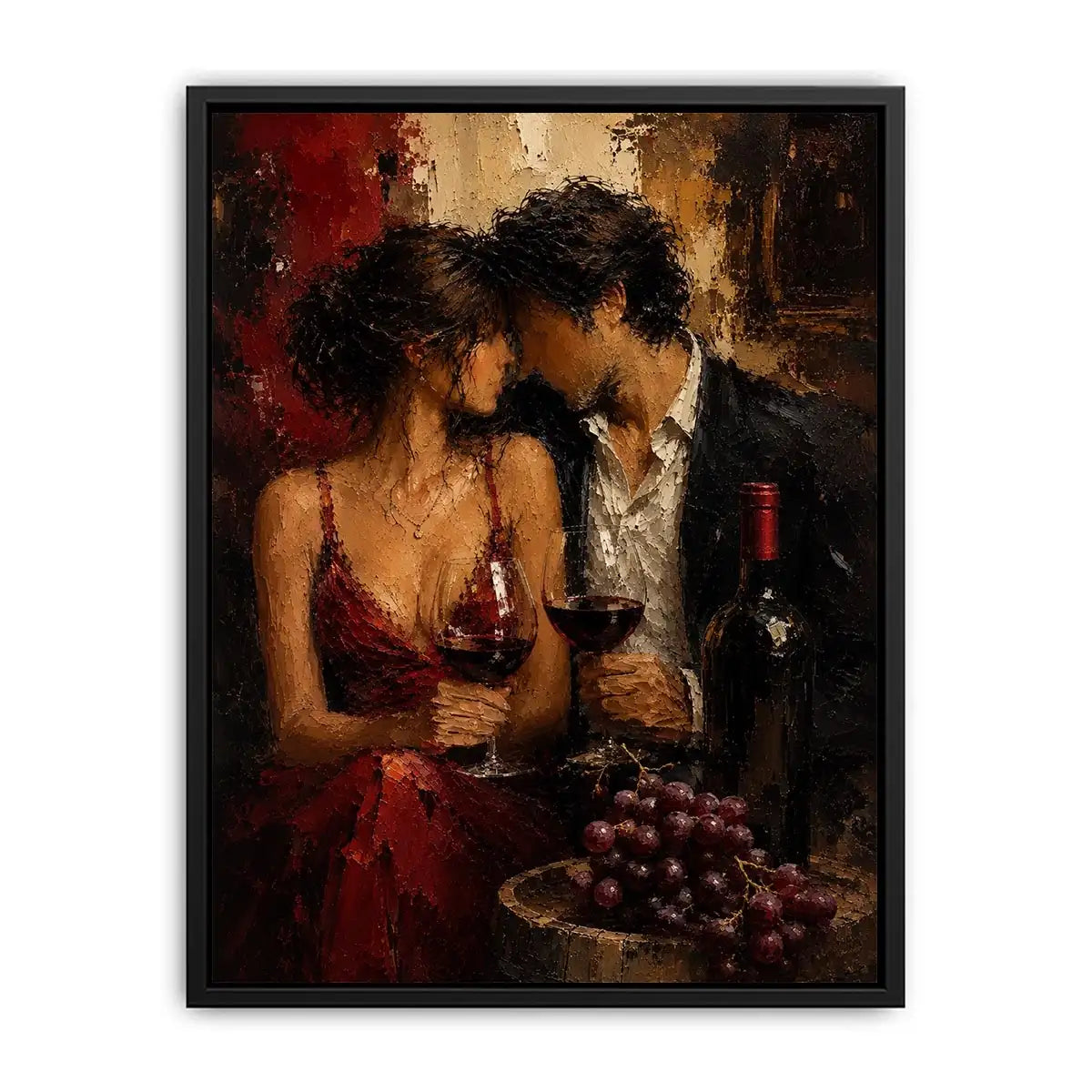 Romantic couple wine canvas art in deep red tones for dining room decor.