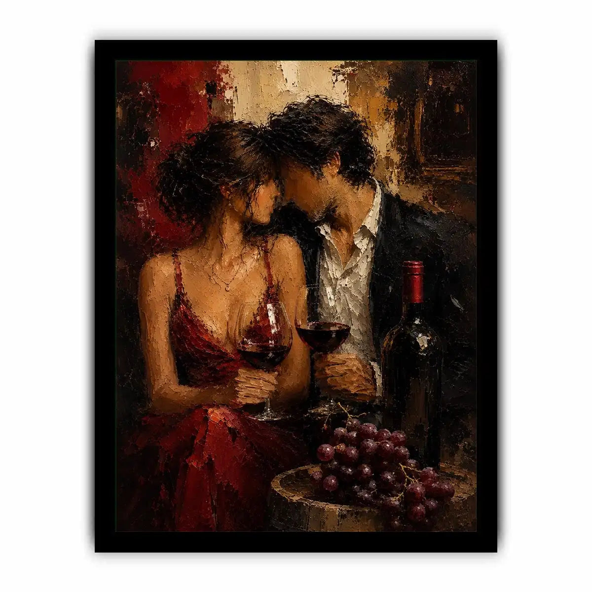 Romantic couple wine canvas art in deep red tones for dining room decor.