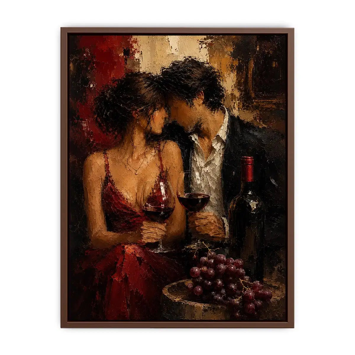 Romantic couple wine canvas art in deep red tones for dining room decor.