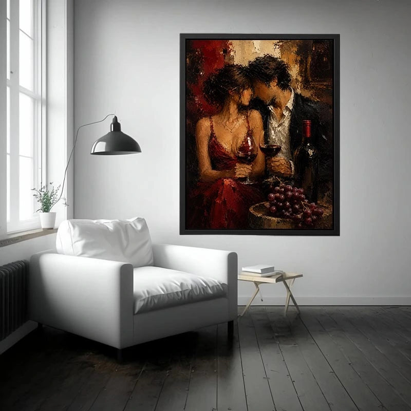 Romantic couple wine canvas art in deep red tones for dining room decor.